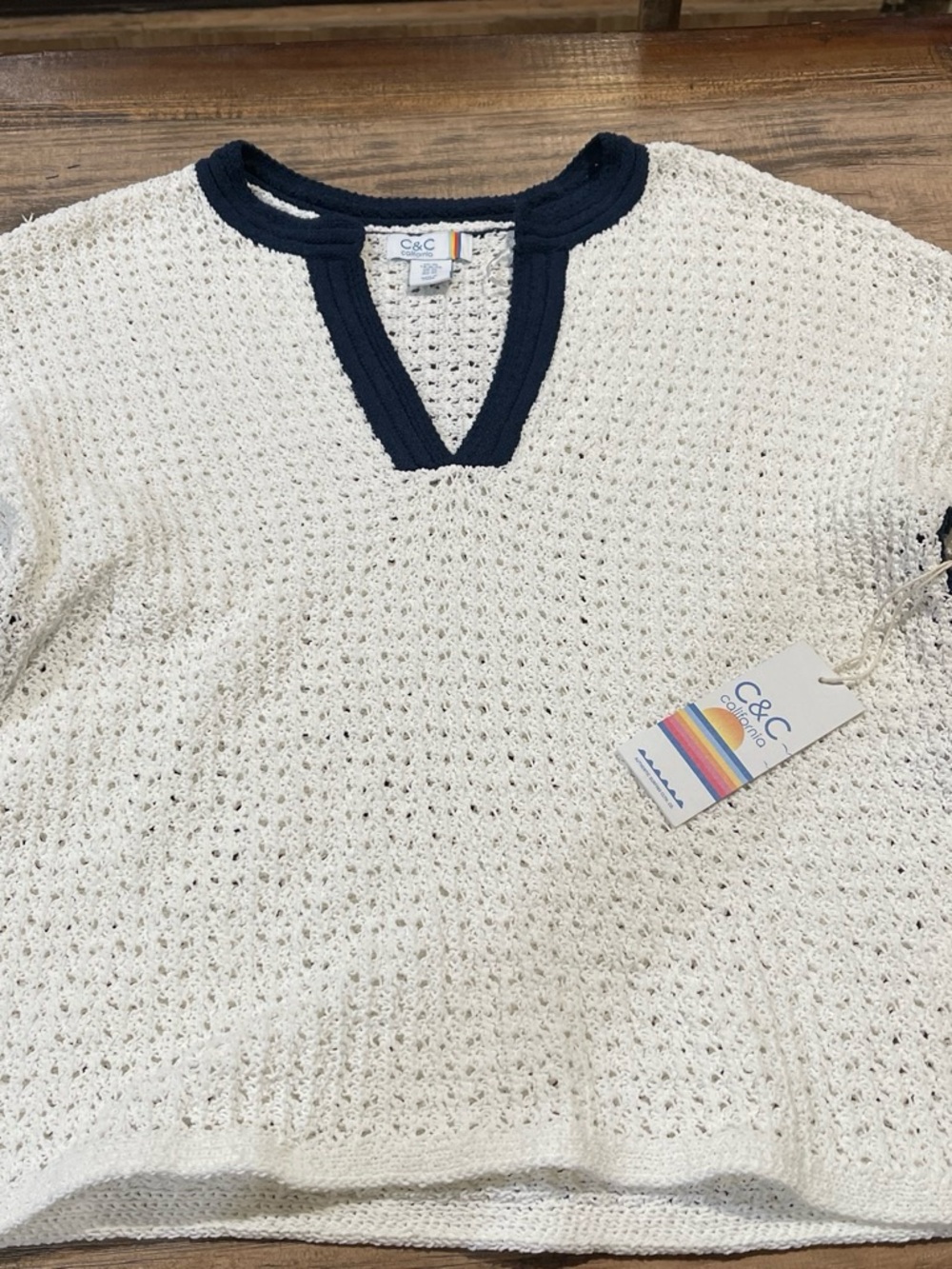 C&C California Cream Open-Weave V-Neck Sweater with Navy Trim